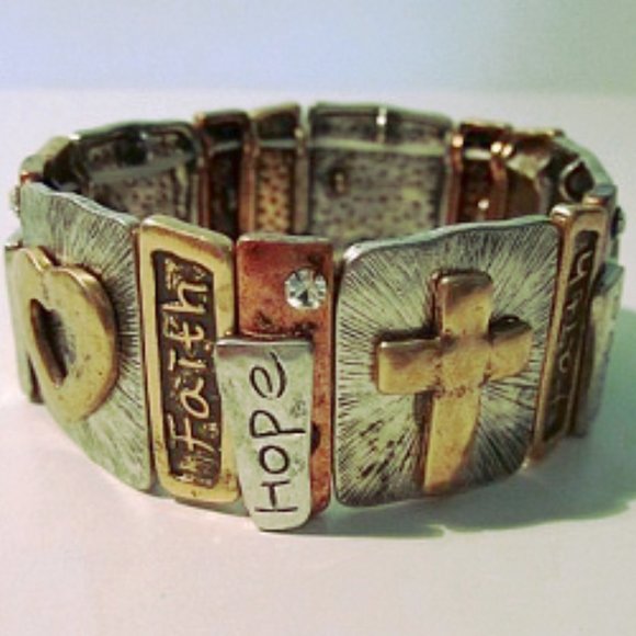 Gold Faith Hope Love Cross Engraved Bangle - Picture 3 of 3